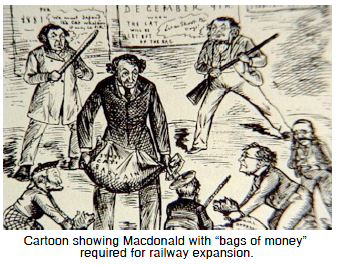 Cartoon showing Macdonald with “bags of money”